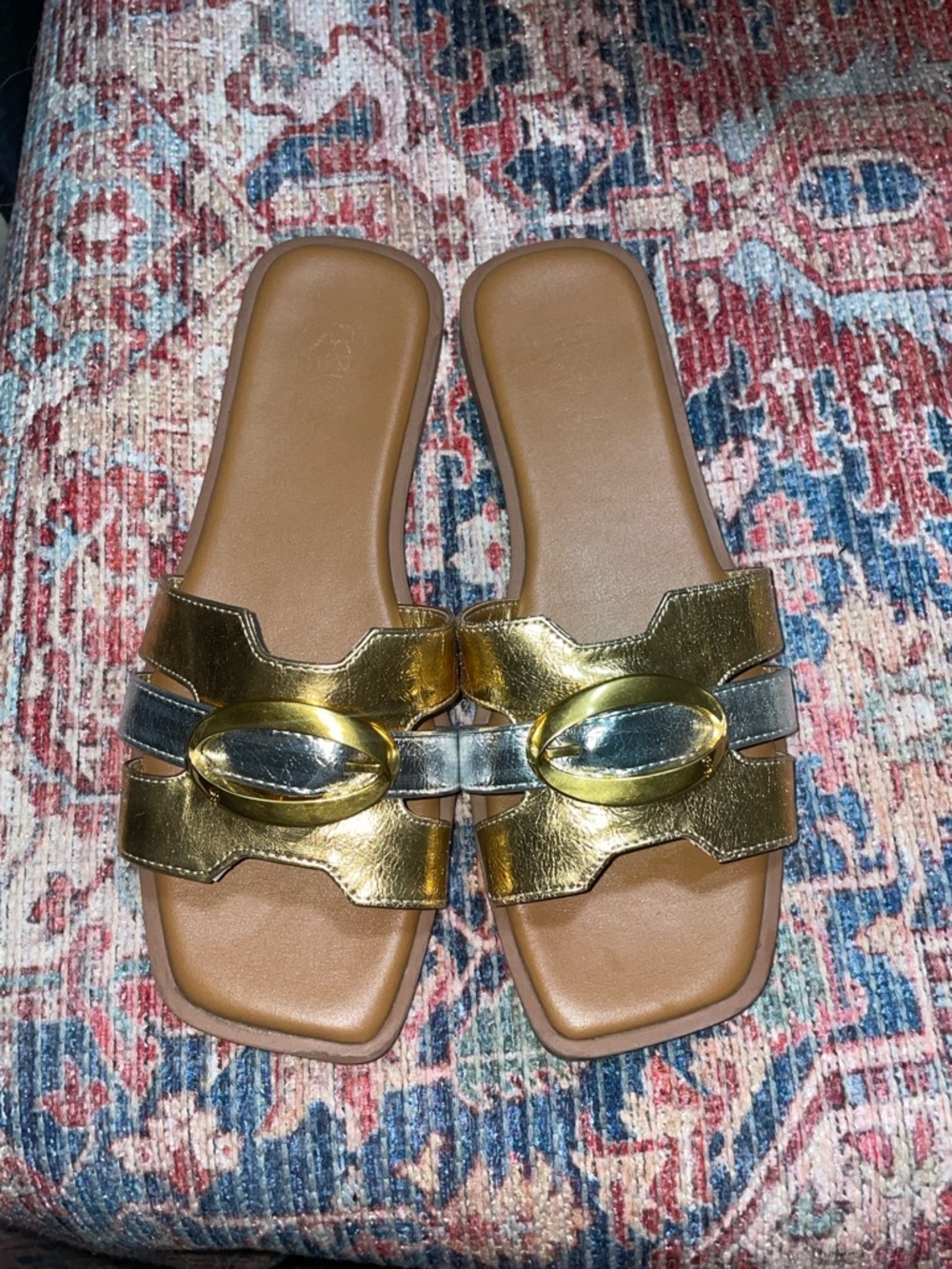 Franco Sarto Gold Metallic Slide Sandals with Silver Accent